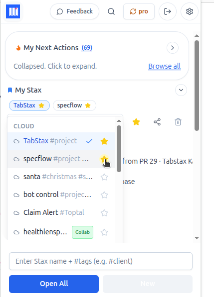 Favourite pills above the Stax list
