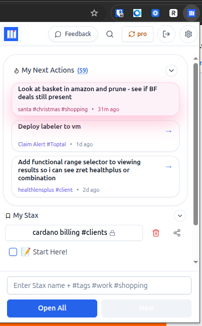 Main TabStax popup showing My Next Actions and My Stax