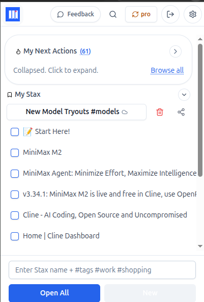 My Stax expanded with Next Actions collapsed